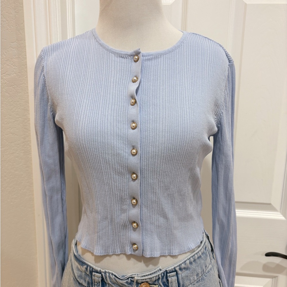 Christian Lacroix Light Blue Ribbed Button-Front Long Sleeve Medium